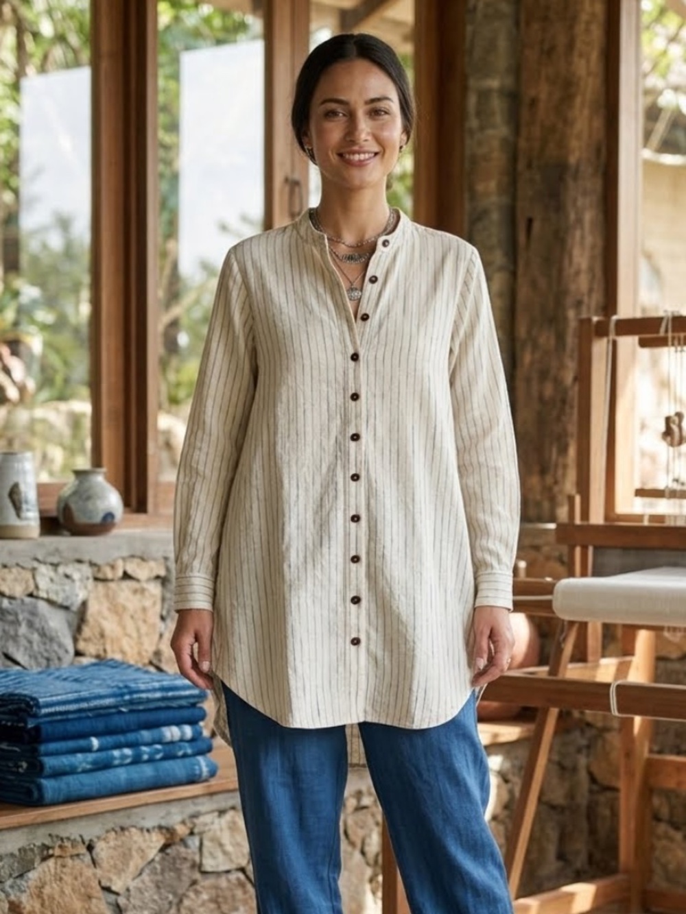 NWOT Maiwa Chandigarh Shirt Oversized Tunic Top Sand & Blue Striped Pattern OS